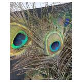 Large Arrangement of Peacock Feathers in Vintage Leather Fire Bucket Vase