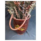 Large Arrangement of Peacock Feathers in Vintage Leather Fire Bucket Vase