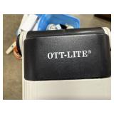 Collection of Ott-Lite Desk Lamps, Extension Cords, and Power Strips