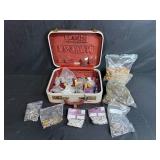 Vintage Suitcase Filled with Craft Supplies and Mixed Hardware
