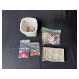 Group of Assorted Vintage Buttons, Glass Bowls, Basket, and Miniature Decor