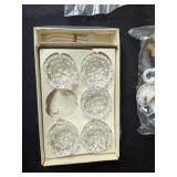 Group of Assorted Vintage Buttons, Glass Bowls, Basket, and Miniature Decor