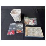 Group of Assorted Vintage Buttons, Glass Bowls, Basket, and Miniature Decor