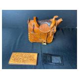 Tooled Leather Saddle Purse with Floral Wallet and Card Holder