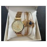 Laura Ashley Womens Gold 5pc Watch and Jewelry Set
