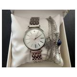 Laura Ashley Womens Silver 5pc Watch and Jewelry Set