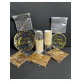 Black & Gold Happy Birthday Party Supplies Set - Plates Cups Napkins Utensils
