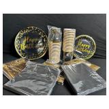Black & Gold Happy Birthday Party Supplies Set - Plates Cups Napkins Utensils