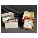 Westclox Travel Alarm Clock in Brown Case & Filigree Bracelet with Blue Stones