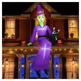 8 ft Halloween Witch Yard Decor Prop - Purple Robe, Green Skin, Black Cat