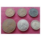 (6) Vintage George V Canadian Coins - (1) Silver