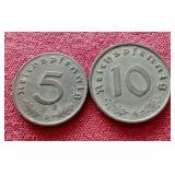 (2) WW2 Germany Third Reich Coins - 5 & 10 Pfennig