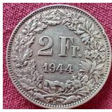 1944 Switzerland Silver 2 Francs Coin
