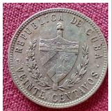 1949 Cuba Silver 20 Centavos Coin