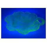Vintage Indiana Glass Green Uranium Vaseline Glass Leaf Shasped 7 In. Trinket Dish