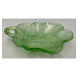 Vintage Indiana Glass Green Uranium Vaseline Glass Leaf Shasped 7 In. Trinket Dish