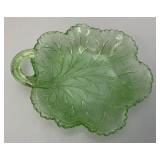 Vintage Indiana Glass Green Uranium Vaseline Glass Leaf Shasped 7 In. Trinket Dish