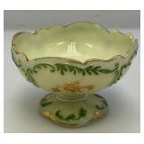 1898 Antique Northwood Custard Glass Compote Gold Trim Pedestal Bowl (GLOWS) Chips Present