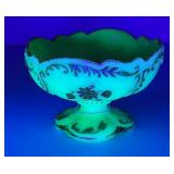 1898 Antique Northwood Custard Glass Compote Gold Trim Pedestal Bowl (GLOWS) Chips Present