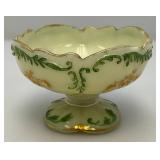 1898 Antique Northwood Custard Glass Compote Gold Trim Pedestal Bowl (GLOWS) Chips Present