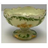 1898 Antique Northwood Custard Glass Compote Gold Trim Pedestal Bowl (GLOWS) Chips Present