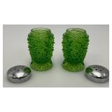 RARE FENTON Emerald Green Hobnail Glass Salt & Pepper Shakers With Metal Tops 3"