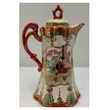 Antique Japanese Moriage Chocolate Pot, Kutani Style, Hand Painted Geisha And Landscape And More 9 1/2" Has Hairline Cracks Present