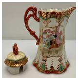 Antique Japanese Moriage Chocolate Pot, Kutani Style, Hand Painted Geisha And Landscape And More 9 1/2" Has Hairline Cracks Present