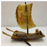 Vintage Chinese Carved Buffalo Horn Fishing Boat 10" x 9 1/2" x 4"