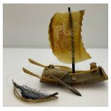 Vintage Chinese Carved Buffalo Horn Fishing Boat 10" x 9 1/2" x 4"