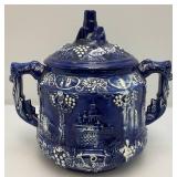 Vintage German Castle Stoneware Blue/White With Cover 12" x 11" x 9"