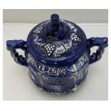 Vintage German Castle Stoneware Blue/White With Cover 12" x 11" x 9"