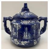 Vintage German Castle Stoneware Blue/White With Cover 12" x 11" x 9"