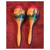 Lot of (2) Vintage Hand-painted Finish Wooden Mexican Maracas