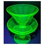 Vintage Uranium Footed Glass Dish and Four Stemmed Sherbet Dishes