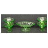 Vintage Uranium Footed Glass Dish and Four Stemmed Sherbet Dishes