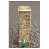 Vintage Italian 800 Sterling Lipstick Case- Ornate Engraved Silver Case with Green Cabochon