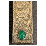 Vintage Italian 800 Sterling Lipstick Case- Ornate Engraved Silver Case with Green Cabochon