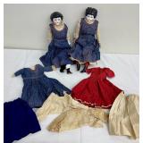 Pair of Antique Dolls in Handcrafted Denim Dresses with Extra Outfits