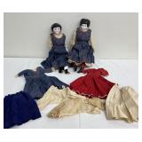Pair of Antique Dolls in Handcrafted Denim Dresses with Extra Outfits