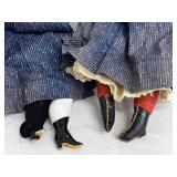 Pair of Antique Dolls in Handcrafted Denim Dresses with Extra Outfits