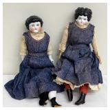 Pair of Antique Dolls in Handcrafted Denim Dresses with Extra Outfits
