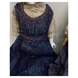 Pair of Antique Dolls in Handcrafted Denim Dresses with Extra Outfits