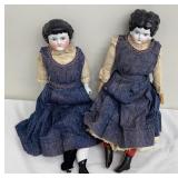 Pair of Antique Dolls in Handcrafted Denim Dresses with Extra Outfits