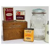 Charming Vintage Finds: Atlas Glass Jar - Vintage Spice Tins & Gold Medal Flour Recipe Box Lot