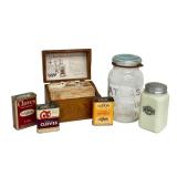 Charming Vintage Finds: Atlas Glass Jar - Vintage Spice Tins & Gold Medal Flour Recipe Box Lot