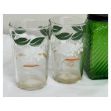 Pair of Vintage Collectible Forest Green Owens Illinois Ribbed Jars and Set of 4 Vintage Juice Glasses