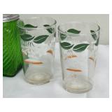Pair of Vintage Collectible Forest Green Owens Illinois Ribbed Jars and Set of 4 Vintage Juice Glasses