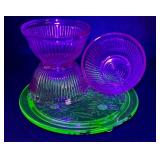 Vintage Jeanette Sunflower Footed Cake Plate & Pink Depression Glass Bowls