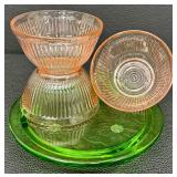 Vintage Jeanette Sunflower Footed Cake Plate & Pink Depression Glass Bowls